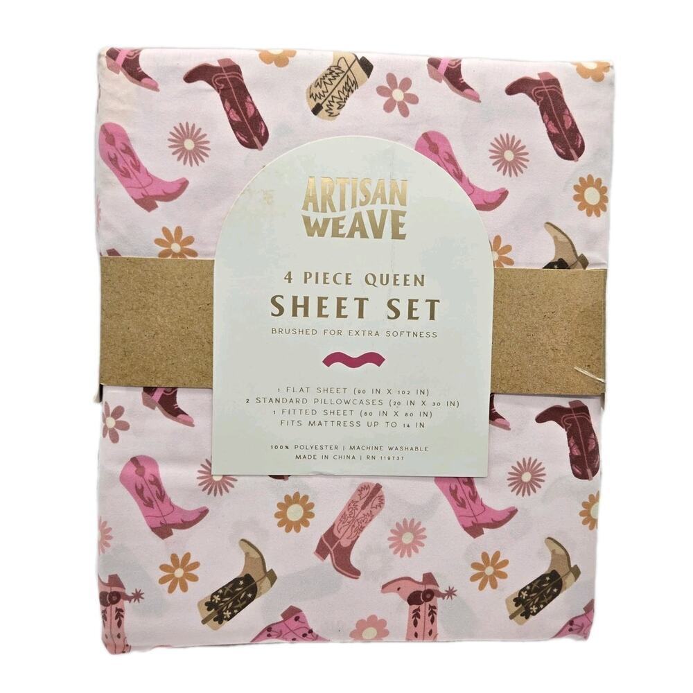 Pink Western Cowboy Boots & Flowers Artisan Weave QUEEN 4 Piece Bedding Set NEW